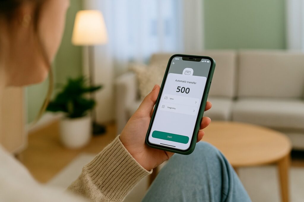 En kvinna håller en mobiltelefon med en mobilbank öppen på skärmen.